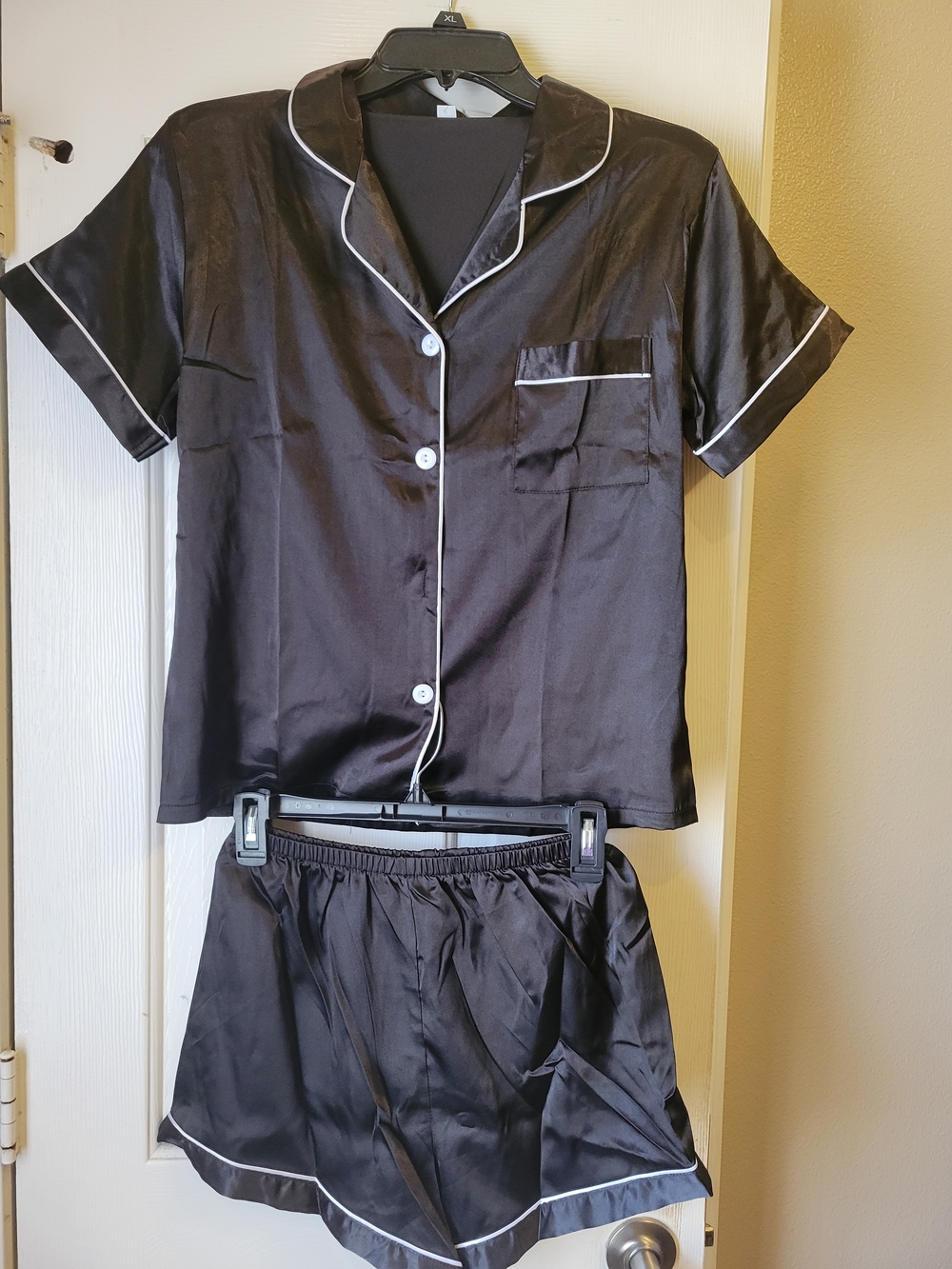 SHEIN Black Satin Short Sleeve Pajama Set with White Piping Trim